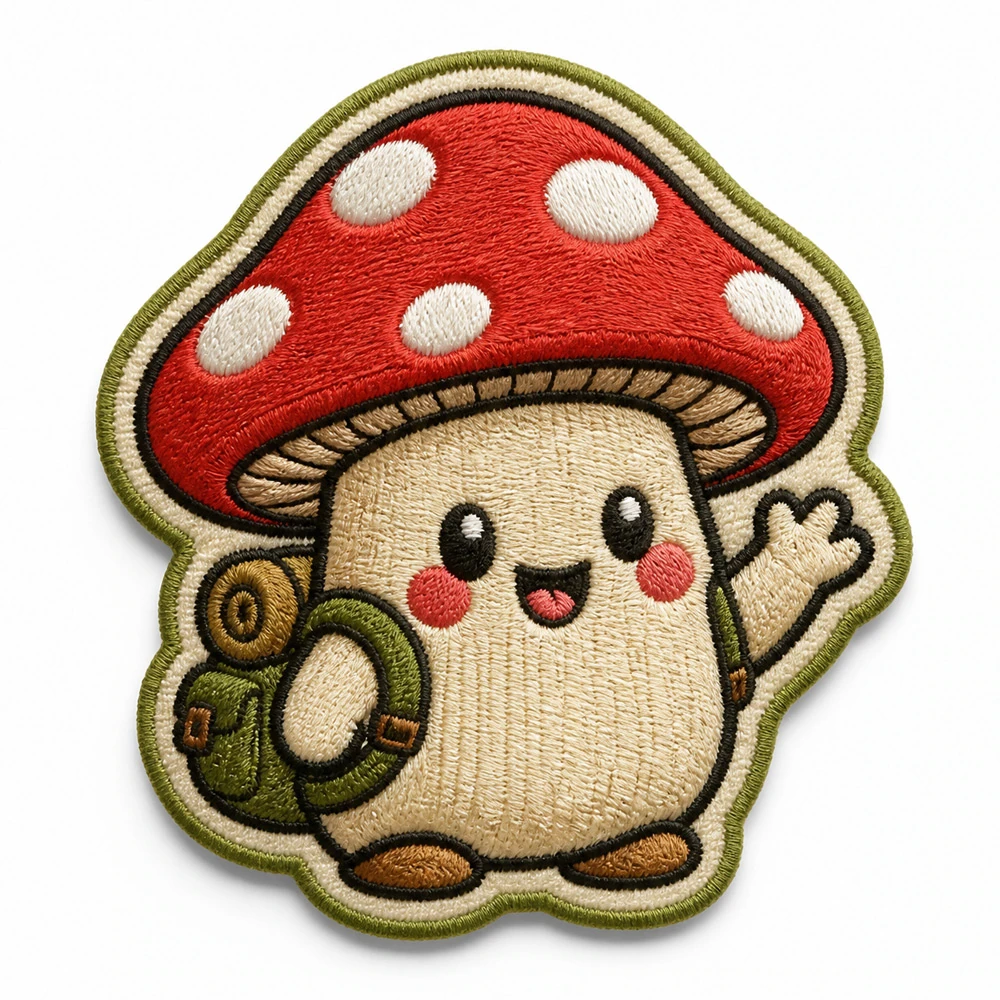 Custom embroidered patch - cute mushroom hiker character with die-cut shape