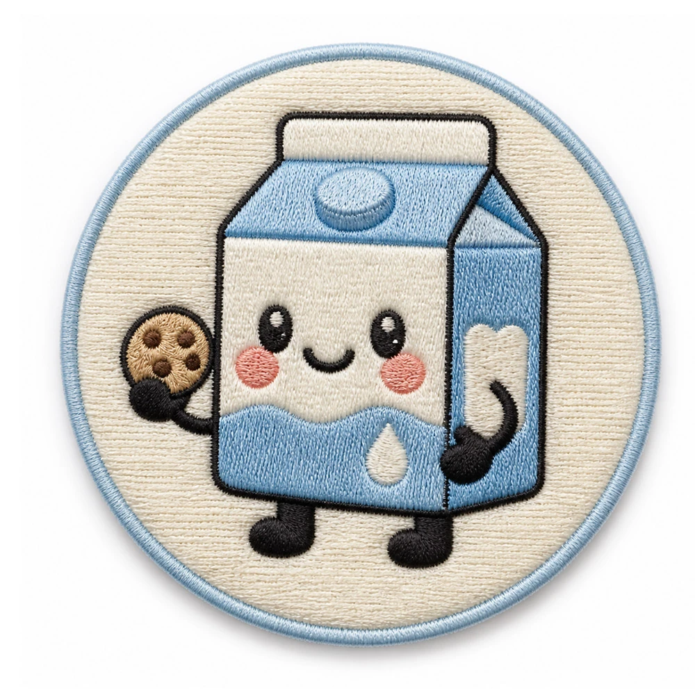 Custom embroidered patch - milk carton character in round patch with light blue border