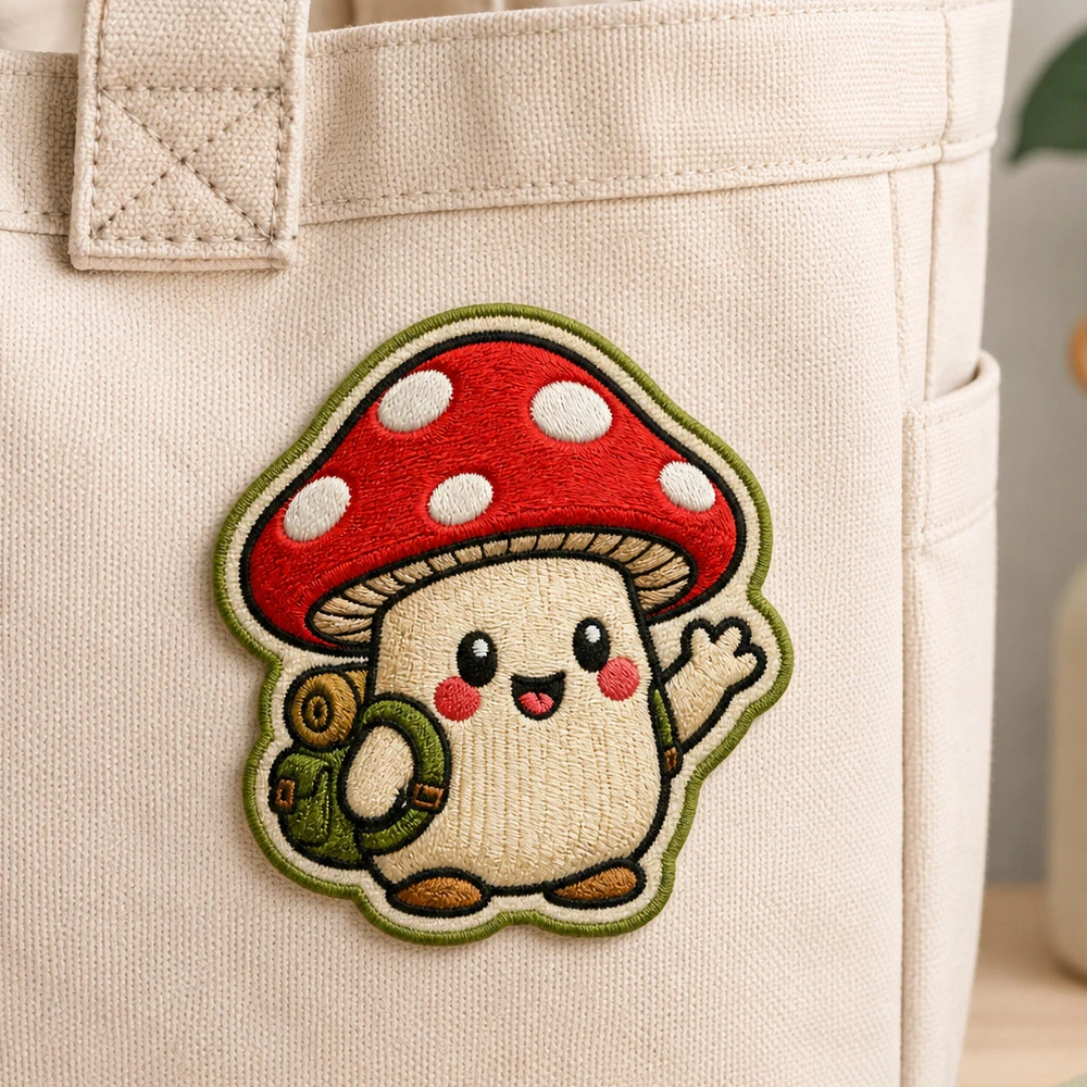 Custom embroidered mushroom patch applied on a canvas tote bag