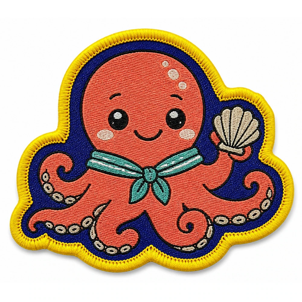 Custom woven patch - cute octopus with seashell in die-cut shape with yellow border