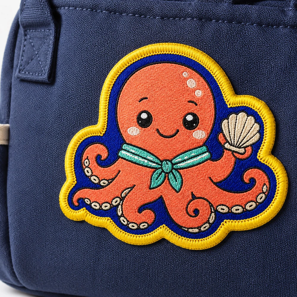 Custom woven octopus patch applied on a navy canvas bag