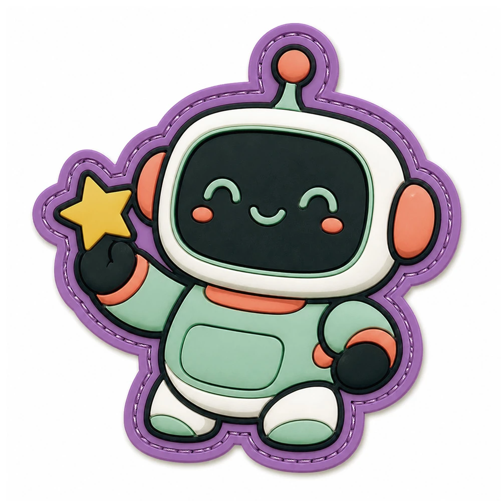 Custom soft PVC patch - robot design with purple border, 3D molded rubber