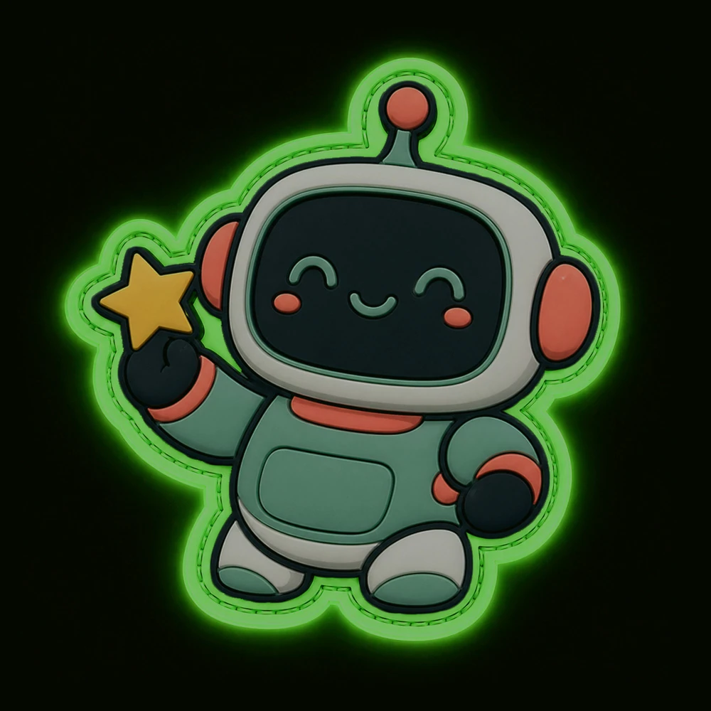 Custom soft PVC patch - glow-in-the-dark robot design shown in the dark