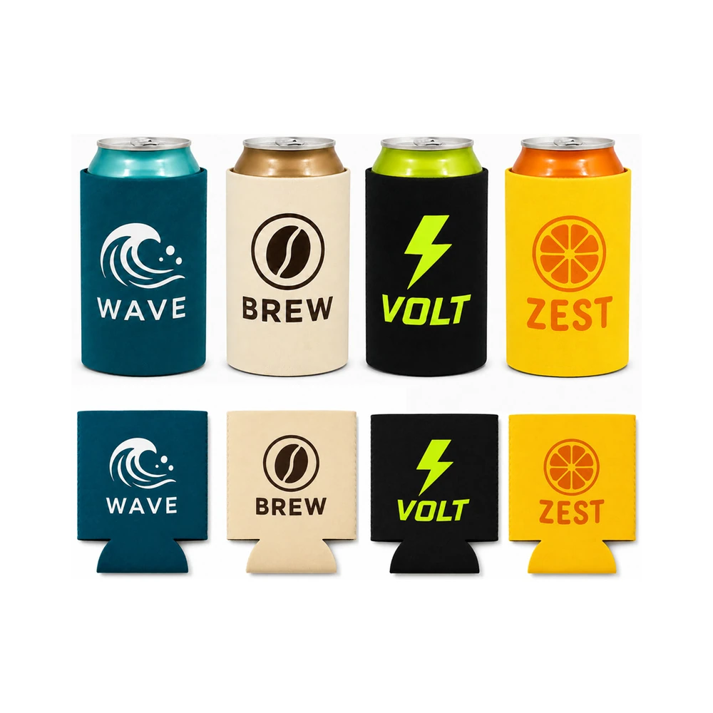 Four custom can coolers in teal, cream, black and yellow shown on cans and laid flat