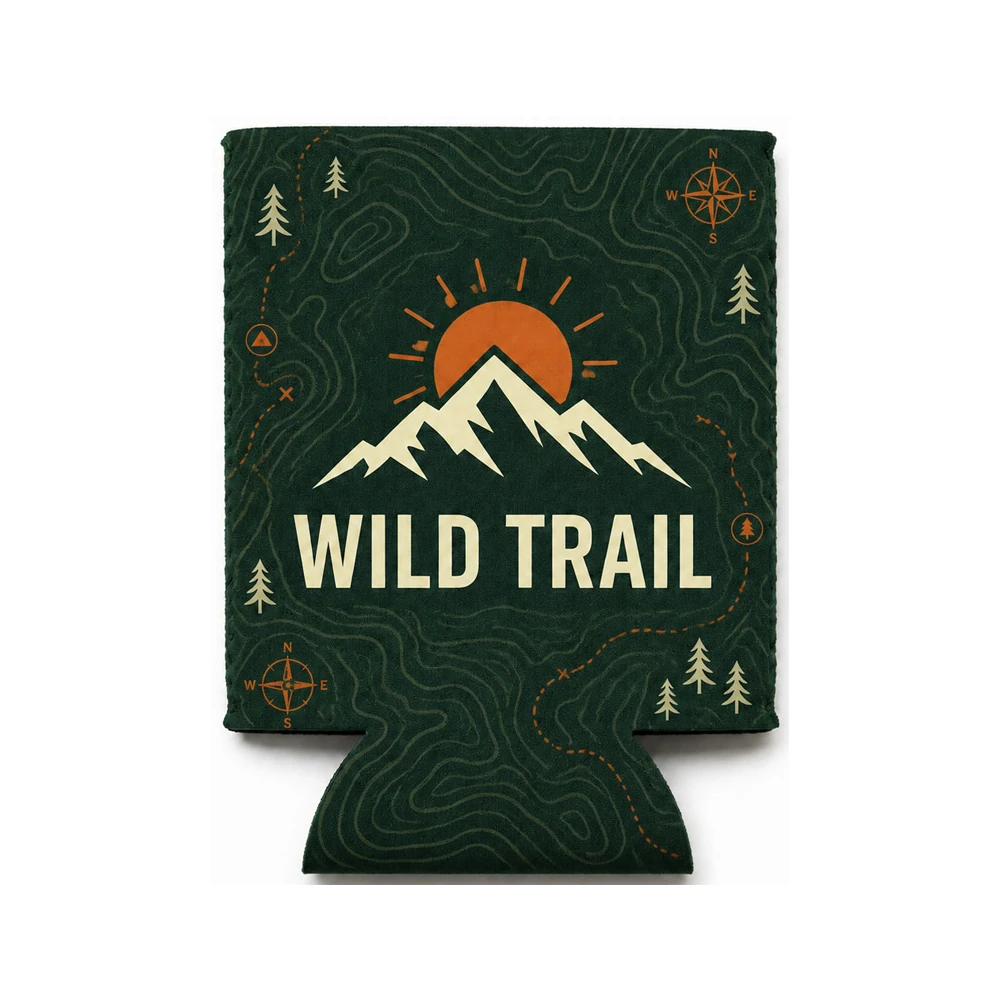 Custom green can cooler laid flat showing the collapsible neoprene sleeve and base