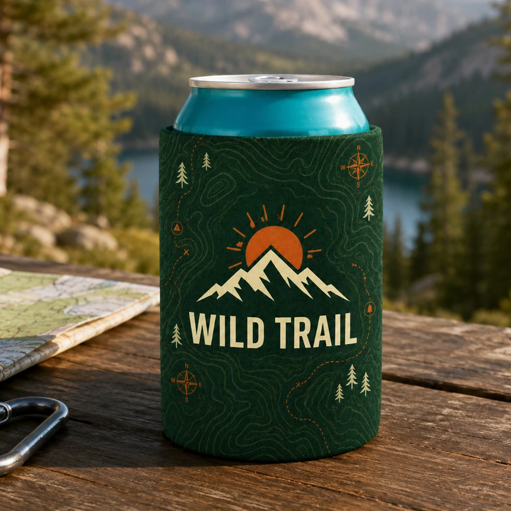 Custom green can cooler with Wild Trail logo on a wooden table by a mountain lake