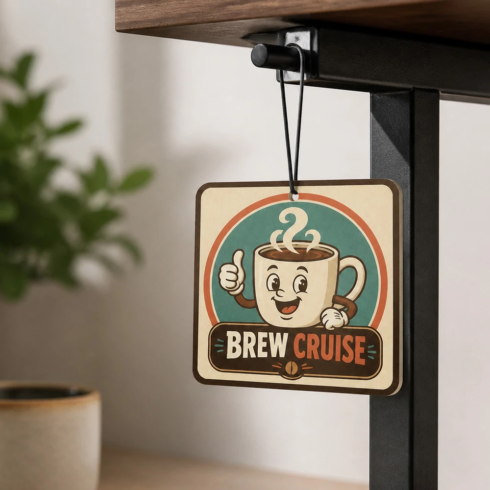 Custom square air freshener with Brew Cruise coffee mug design hanging indoors