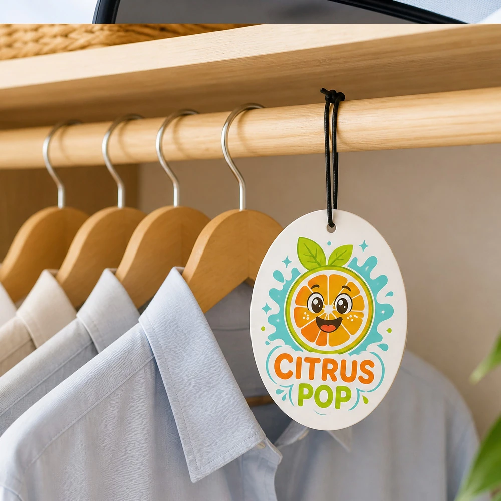 Custom oval Citrus Pop air freshener hanging in a closet