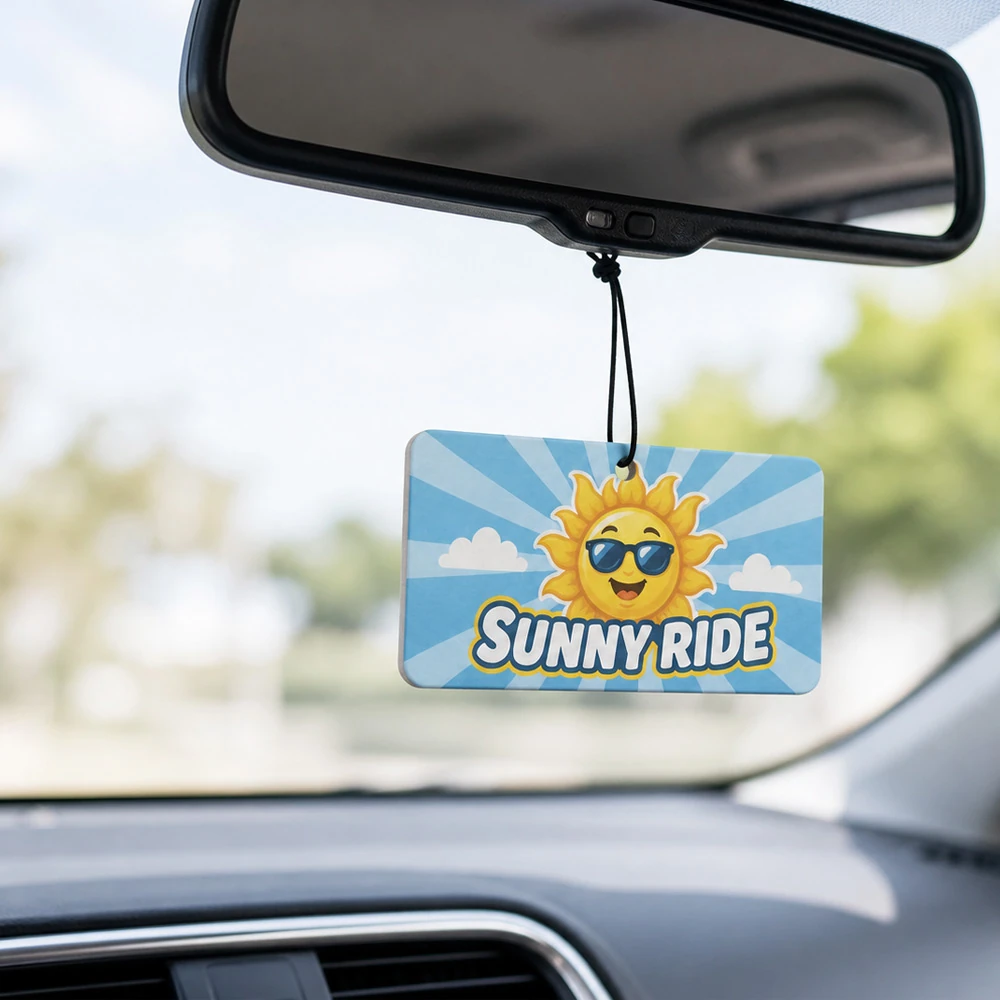 Custom rectangular Sunny Ride air freshener hanging from a car rearview mirror