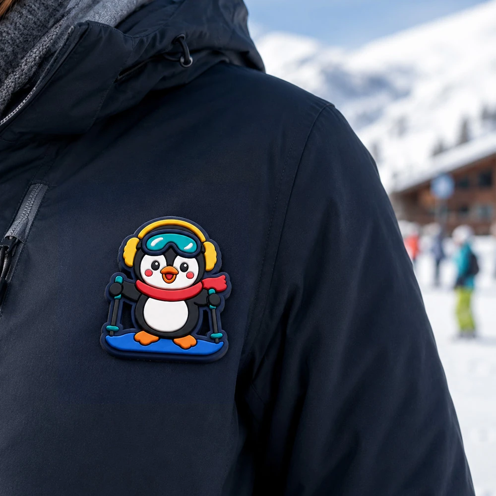 Custom soft PVC pin worn on a winter jacket outdoors