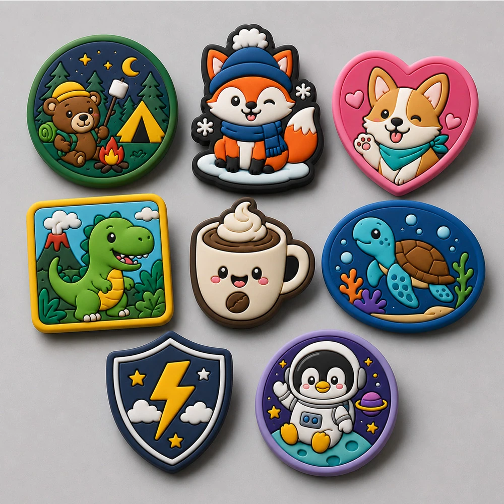 Collection of custom soft PVC pins in assorted shapes and designs