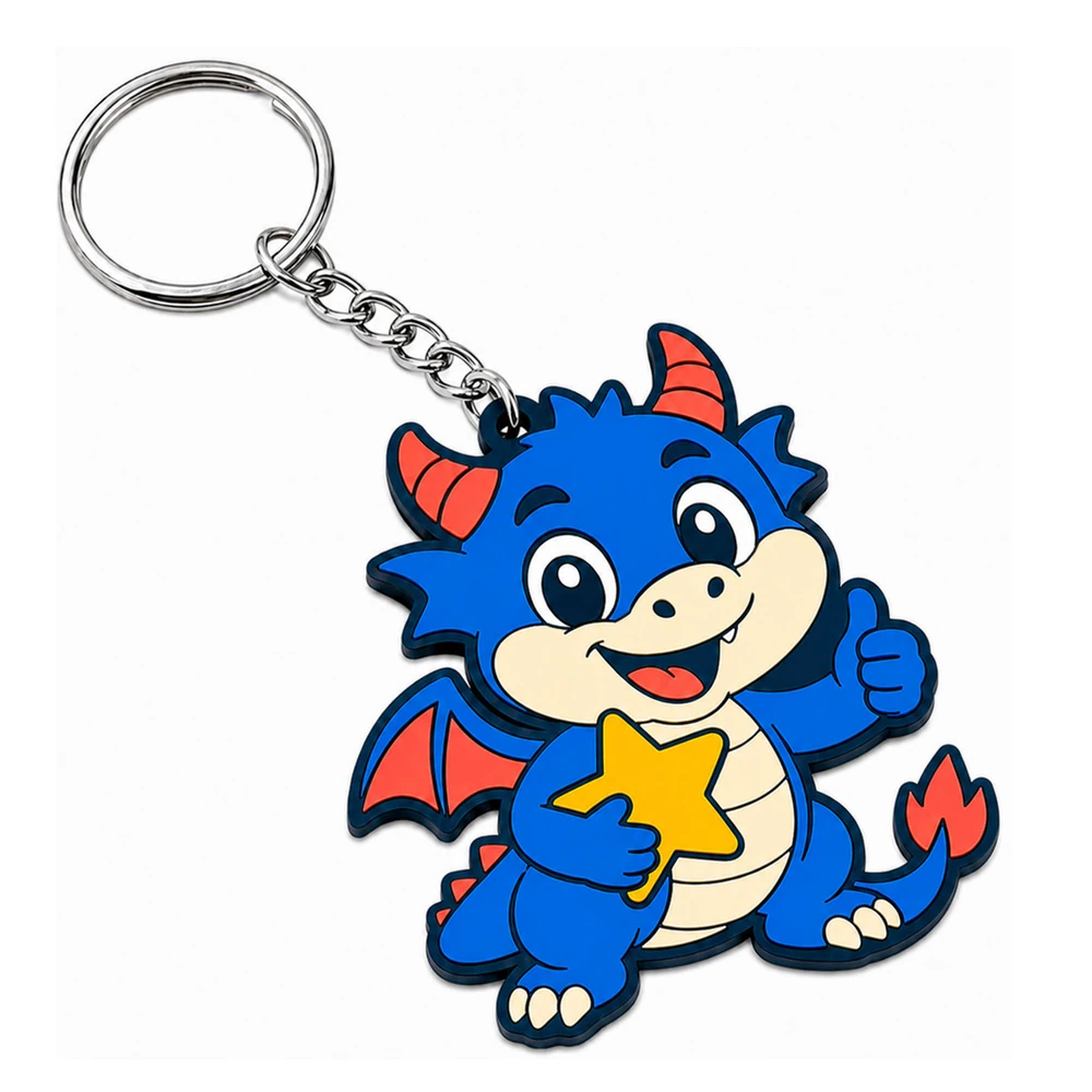 Custom soft PVC keychain — blue dragon die-cut charm with split ring