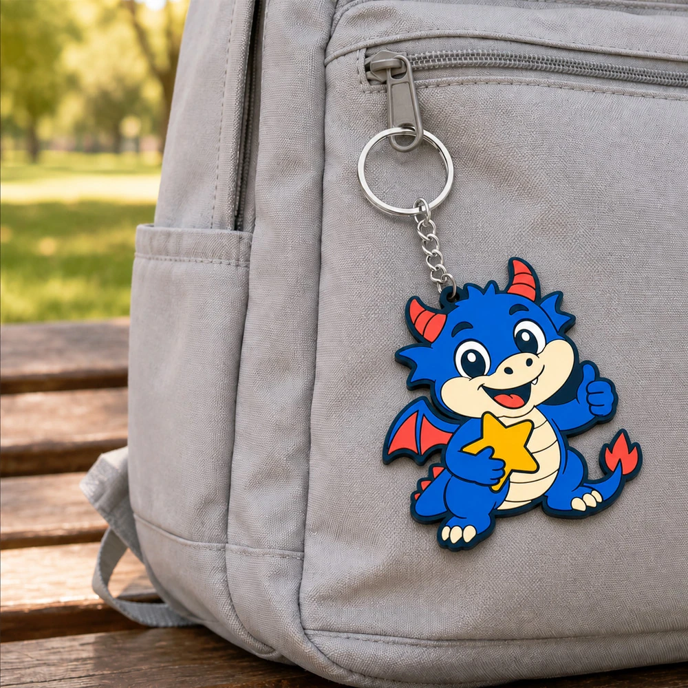 Custom soft PVC dragon keychain hanging from a backpack zipper outdoors