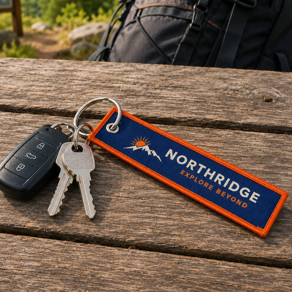 Custom woven flight tag with metal ring
