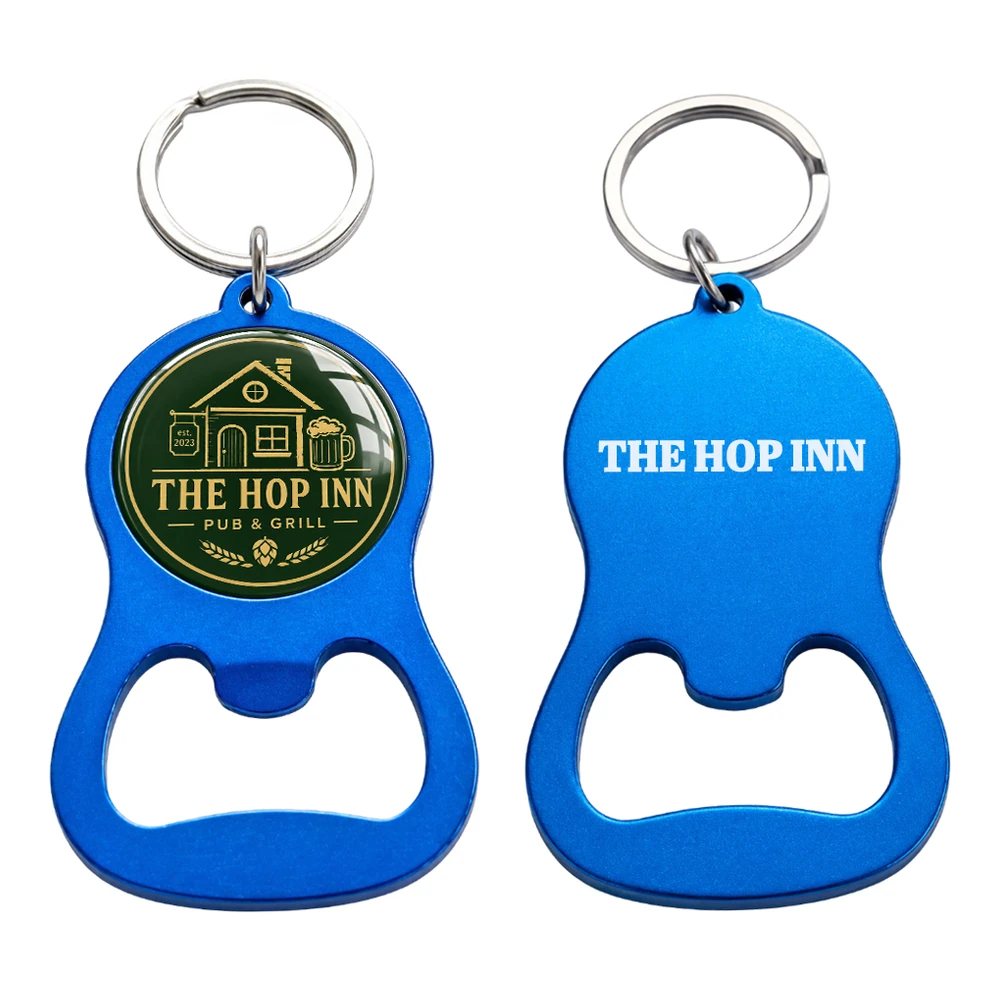 Custom aluminium bottle opener keychain — blue front dome logo and laser-engraved back