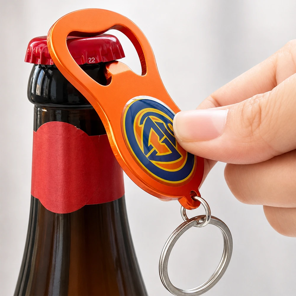 Custom aluminium bottle opener keychain opening a bottle — orange anodized finish