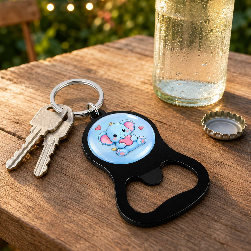 Custom aluminium bottle opener keychain with house keys on a wooden table outdoors