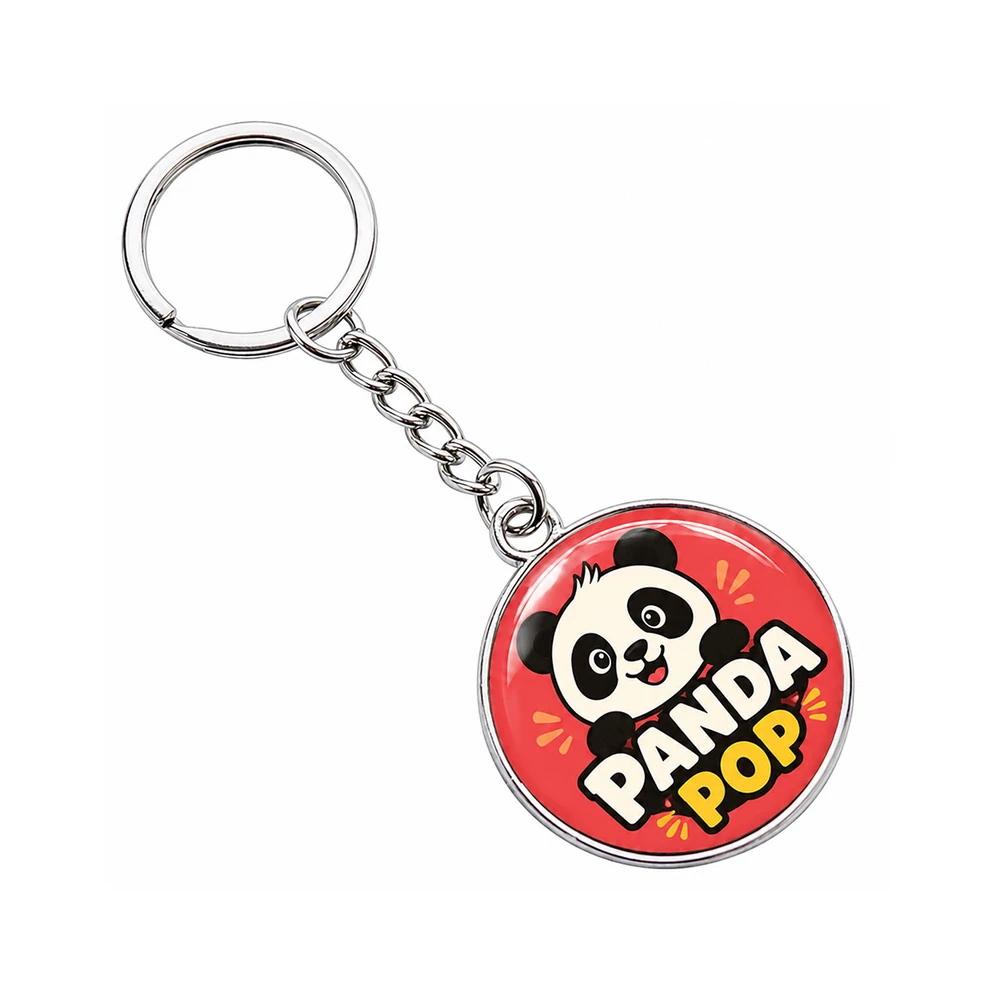 Custom double-sided domed metal keychain – PANDA POP cartoon panda on red
