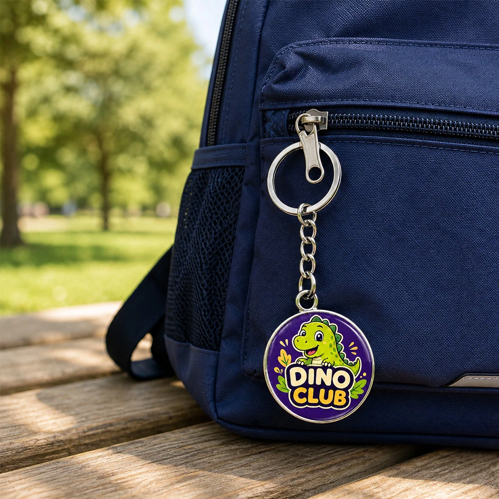 Custom double-sided domed metal keychain on a navy backpack outdoors