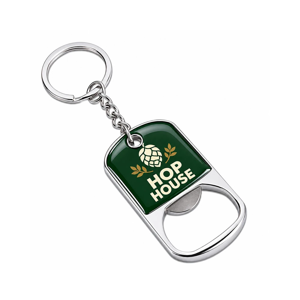 Chaveiro dog tag metálico com abridor de garrafas