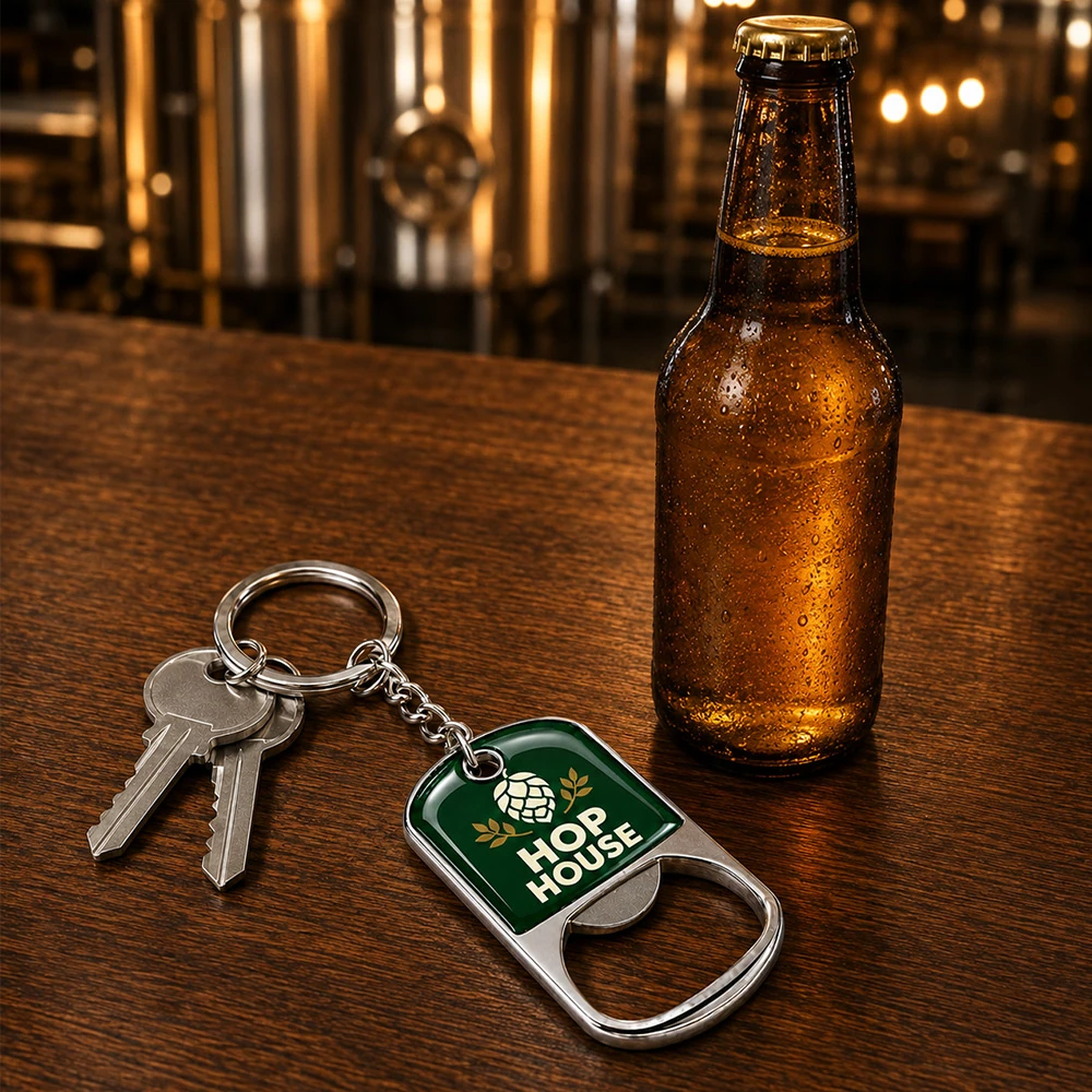 Custom dog tag metal keychain bottle opener on a bar next to a beer bottle