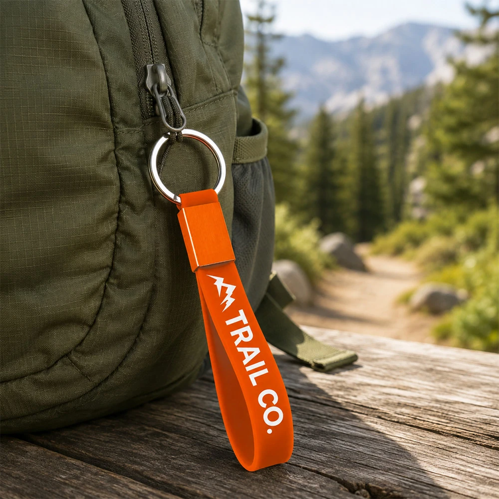 Custom silicone wrist loop keychain on a green backpack outdoors