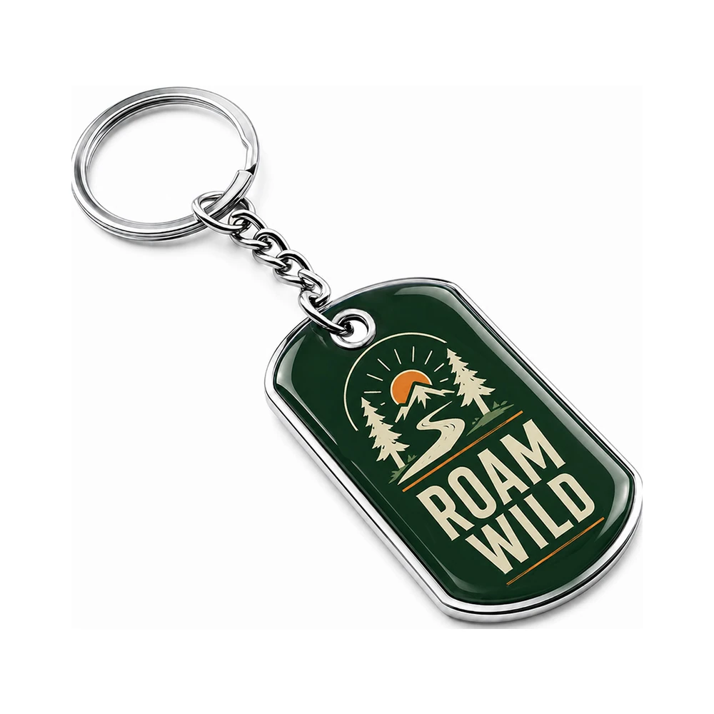 Chaveiro dog tag metálico com efeito domed