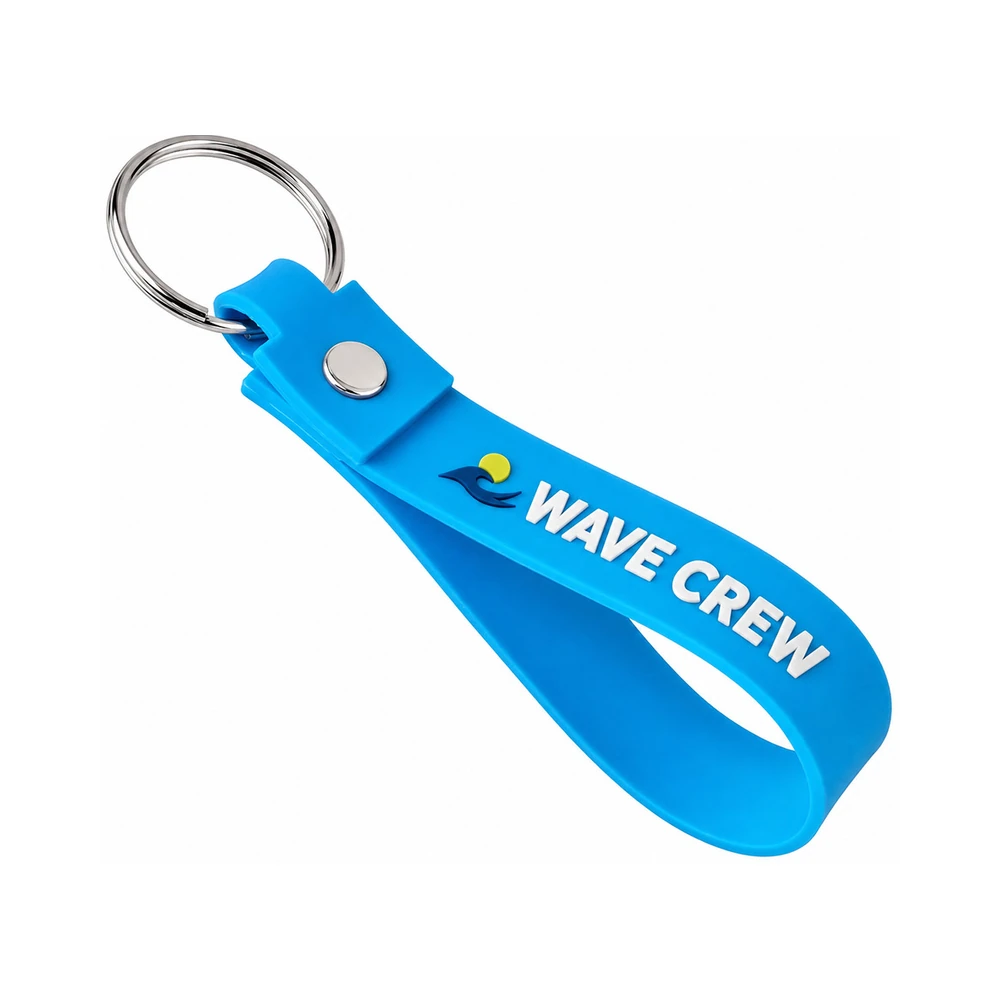 Blue custom soft PVC keychain strap with raised wave crew logo and snap button