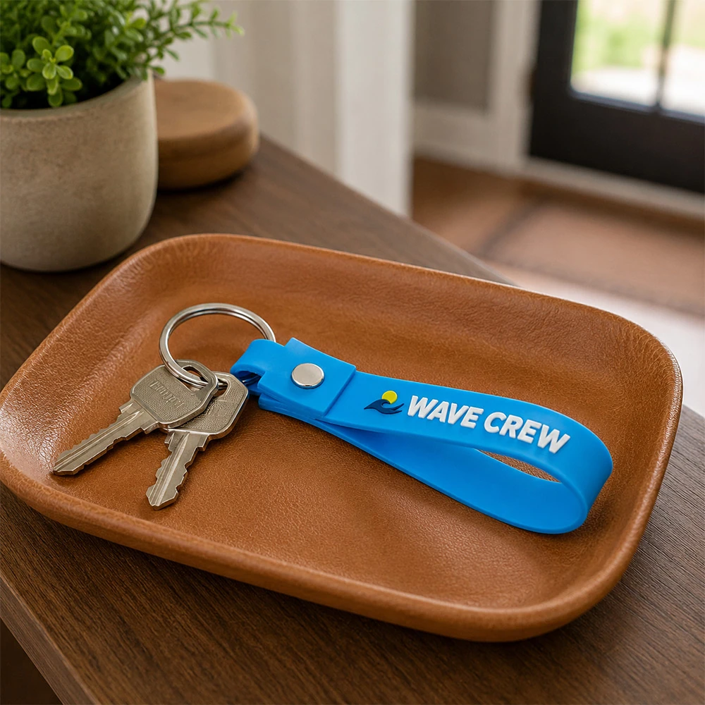 Wave crew soft PVC keychain strap with house keys in a leather valet tray