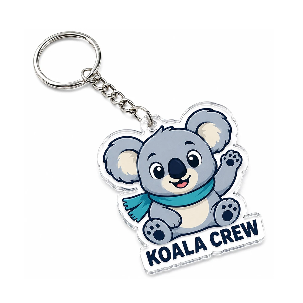 Custom die-cut acrylic keychain with koala crew mascot print and split key ring