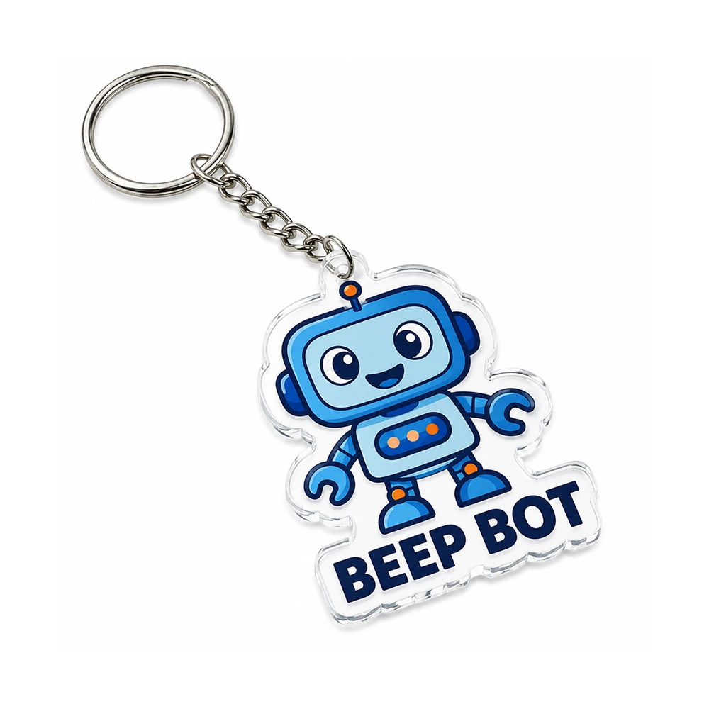Custom die-cut acrylic keychain with beep bot robot mascot print