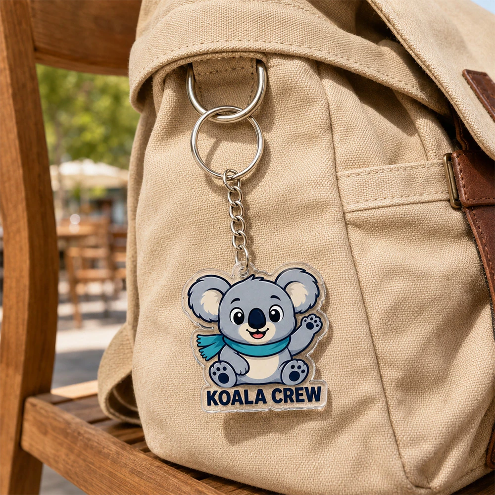 Koala crew die-cut acrylic keychain hanging on a canvas backpack outdoors