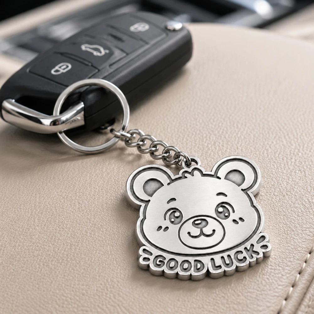 Zinc metal bear keychain attached to a car key on a leather seat